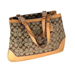 Coach Womens Monogram Signature Jacquard Leather Trim Tassel Shoulder Bag Tan La